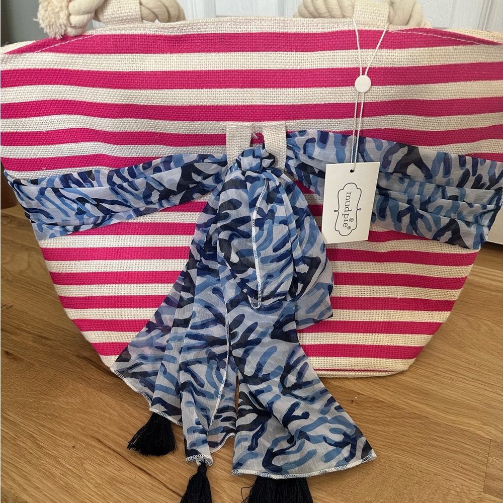 Mud Pie Pink and Off-White Striped Tote with Blue Scarf Accent